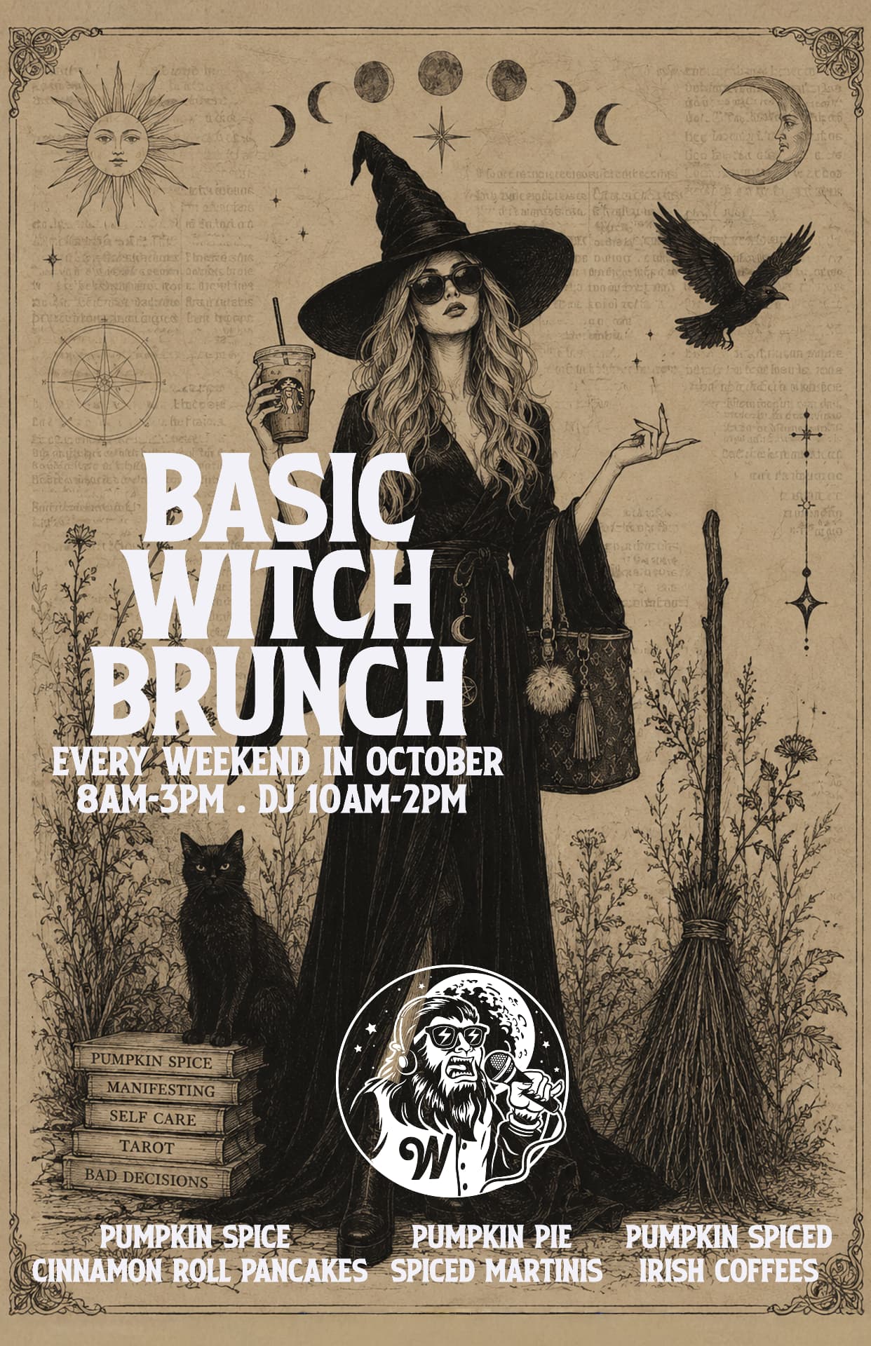 Basic Witch Brunch at Werewolf. Every weekend in October, 8am to 3pm, DJ 10am to 2pm. Pumpkin spice cinnamon roll pancakes, pumpkin pie spiced martinis, and pumpkin spiced Irish coffees.
